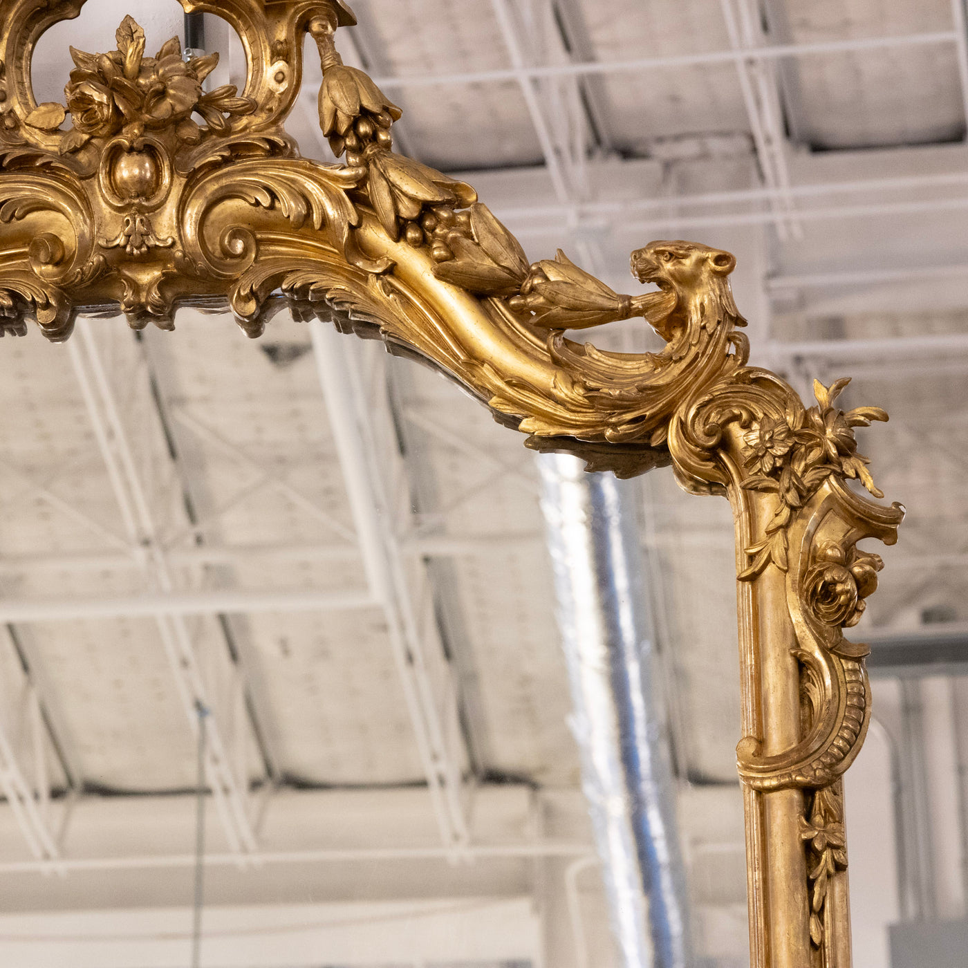 Grand 17th Century French Gilded Mirror – Ornate Rococo Crest & Floral Carvings