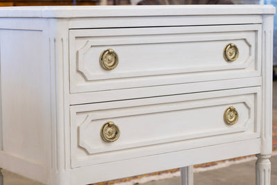 Swedish 2-Drawer Nightstand – Rounded Corners & Brass Ring Pulls in Dove White