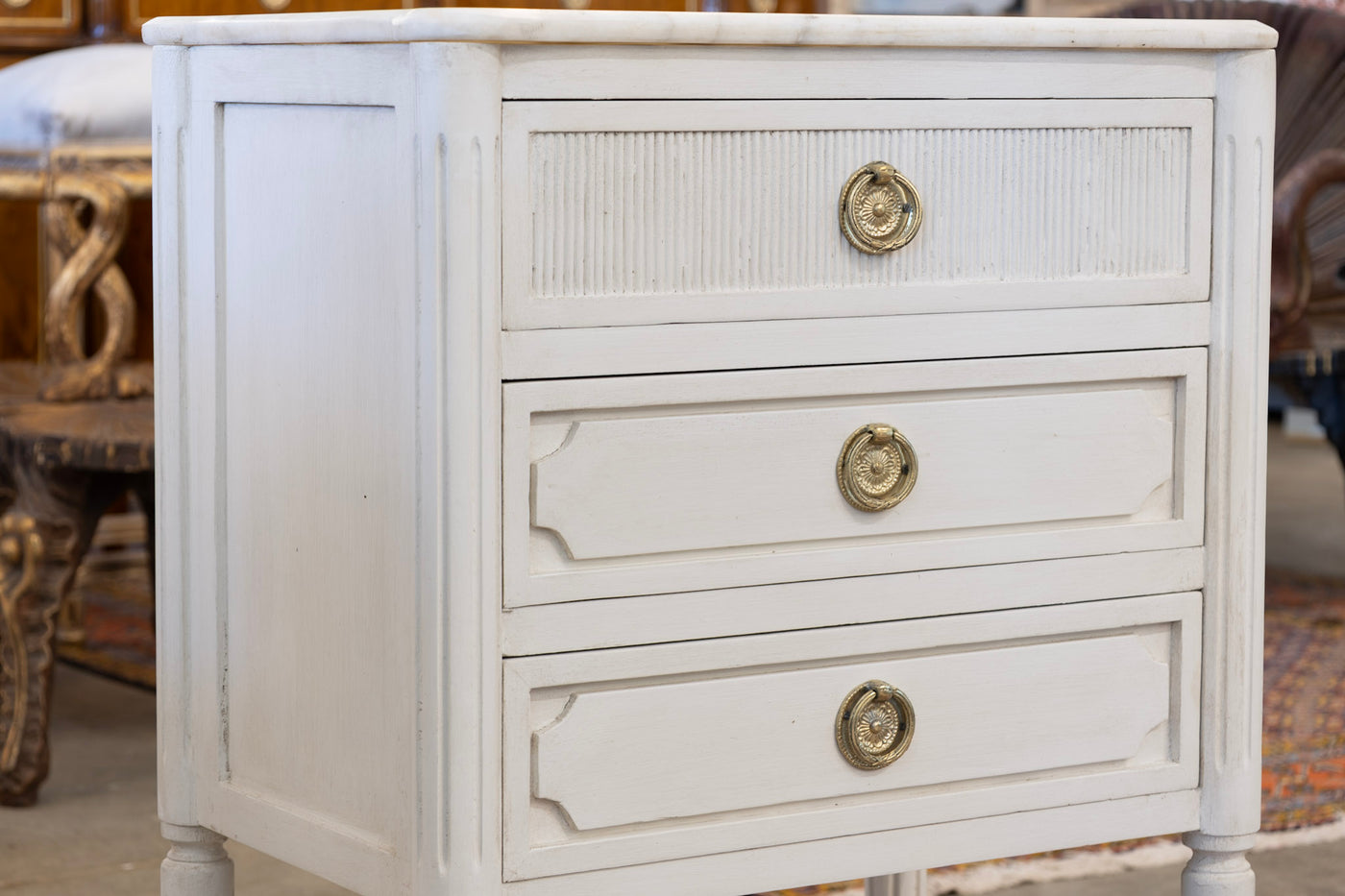 Swedish 3-Drawer Nightstand – Reeded and Carved Detailing & Marble Top in Dove White
