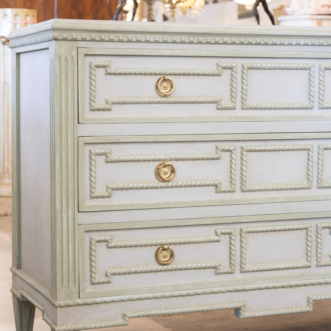 Swedish 3-Drawer Chest – Carved Open Rope Trim & Green-Blue Finish
