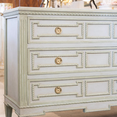 Swedish 3-Drawer Chest – Carved Open Rope Trim & Green-Blue Finish