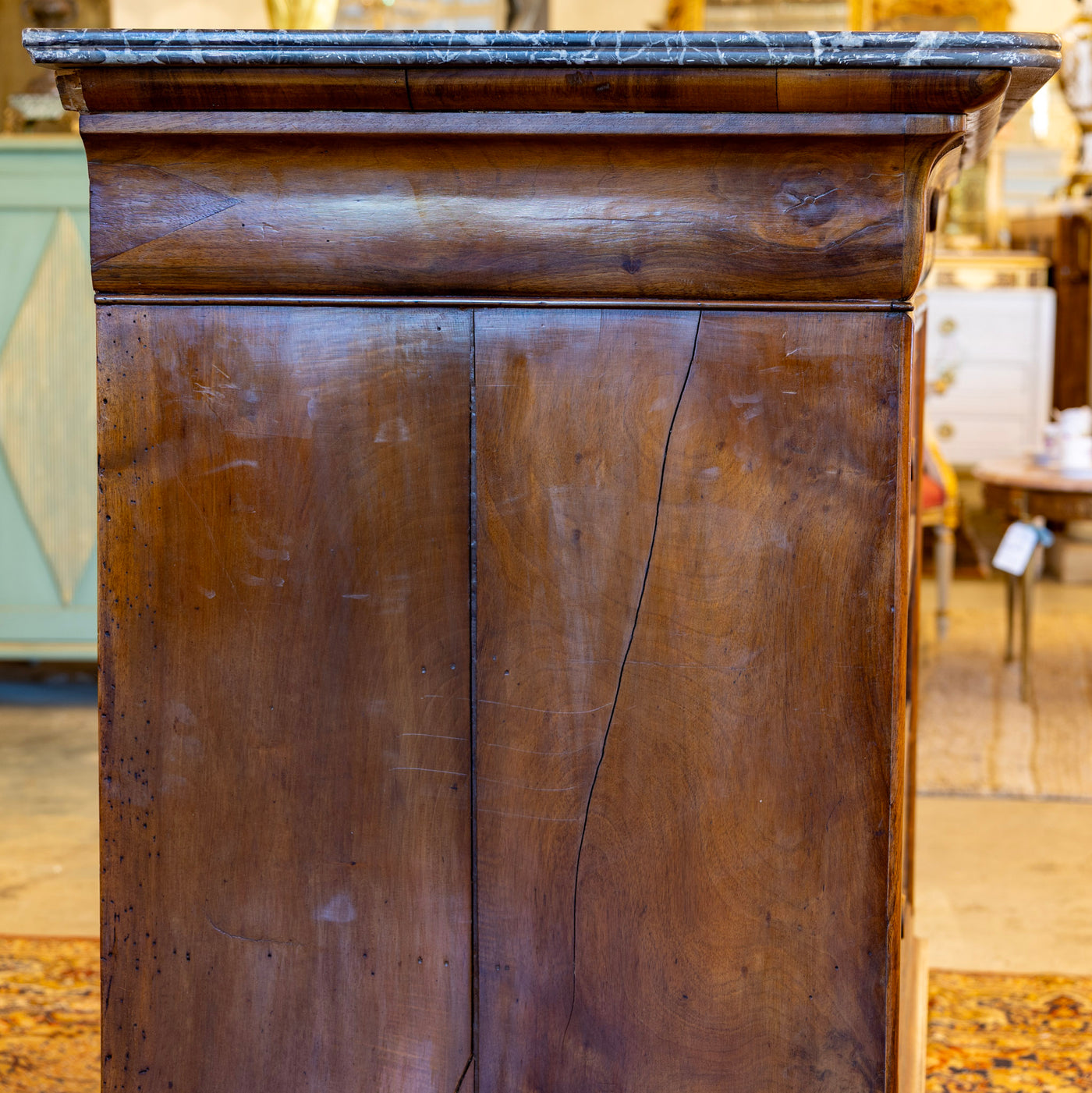 Louis Philippe Burl Wood Chest – Black Marble Top & Keyhole Detail