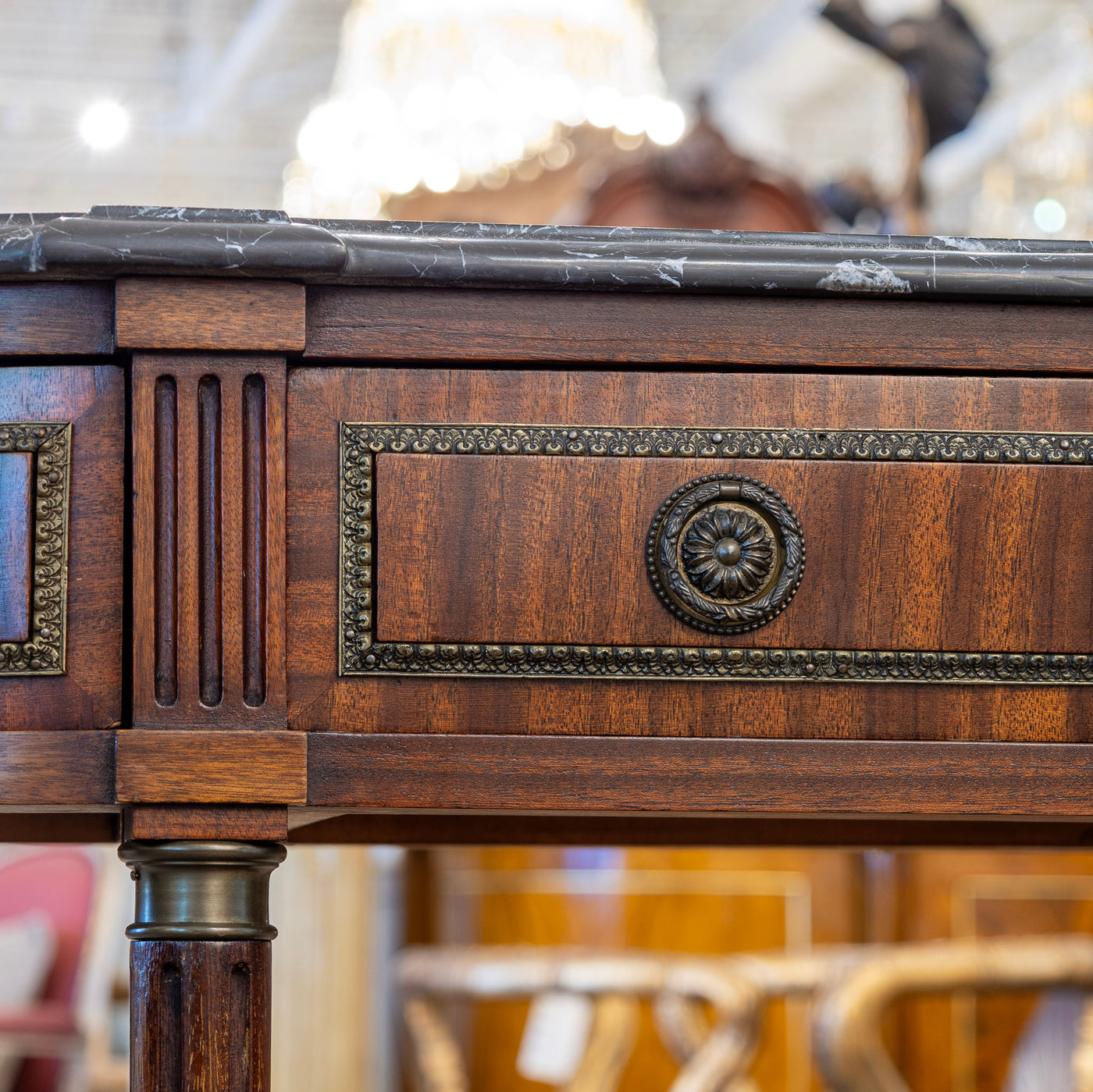 Louis XVI Demilune Console Table – Black Marble Top & Bronze Pulls