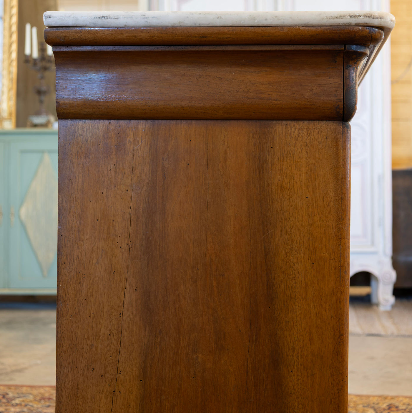 Louis Philippe Burl Wood Chest – White Marble Top & Brass Pulls