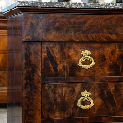 Louis Philippe Burl Wood Chest – Black Marble Top & Ornate Brass Pulls