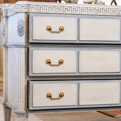 Swedish 3-Drawer Chest – Greek Key Carving & Blue Trim