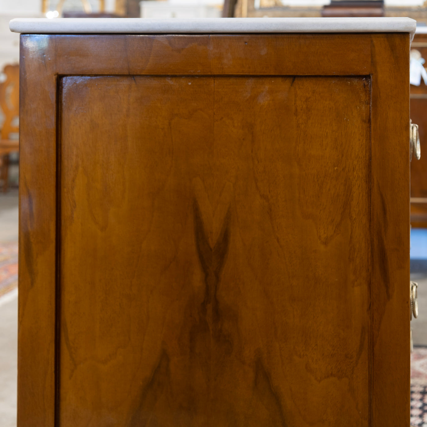 Art Deco 3-Drawer Nightstand – Burl Wood & White Marble Top