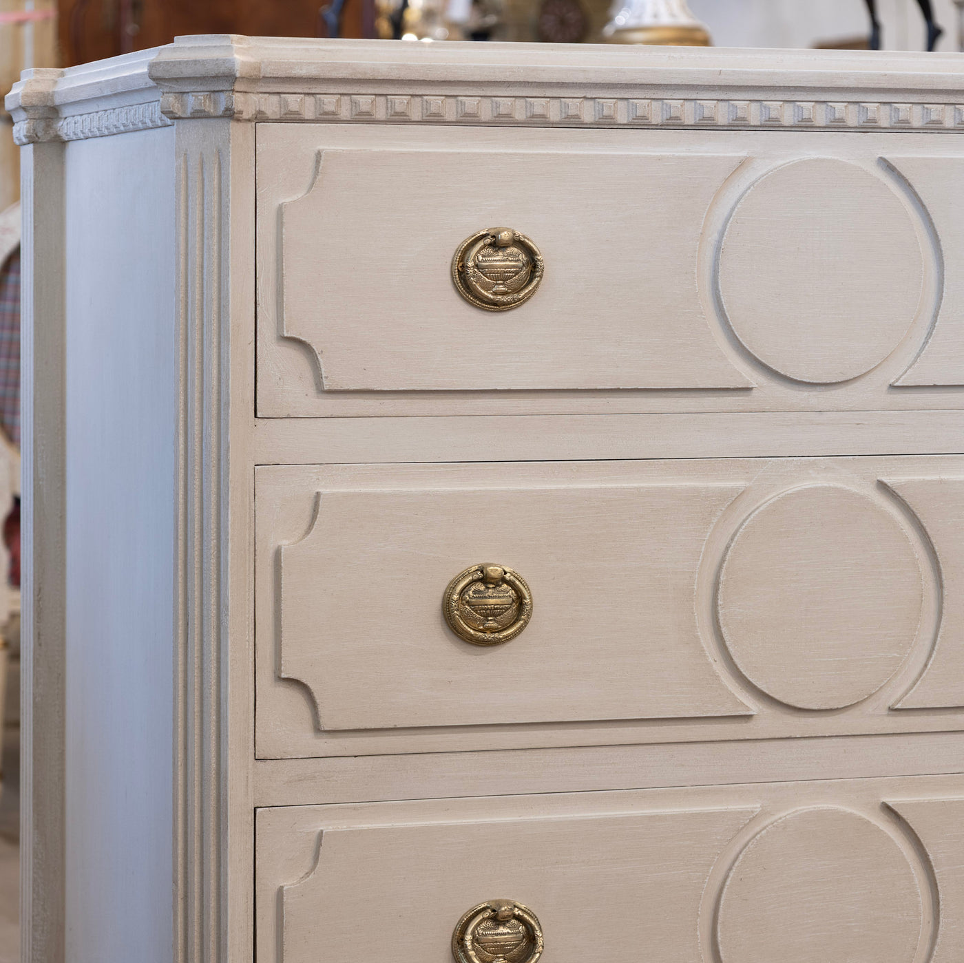 Swedish 3-Drawer Chest – Canted Corners & Circular Carved Detail in Antique White