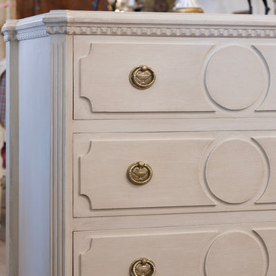 Swedish 3-Drawer Chest – Canted Corners & Circular Carved Detail in Antique White