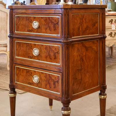 Louis XVI Burl Wood Nightstand – Gilded Trim & Fluted Legs