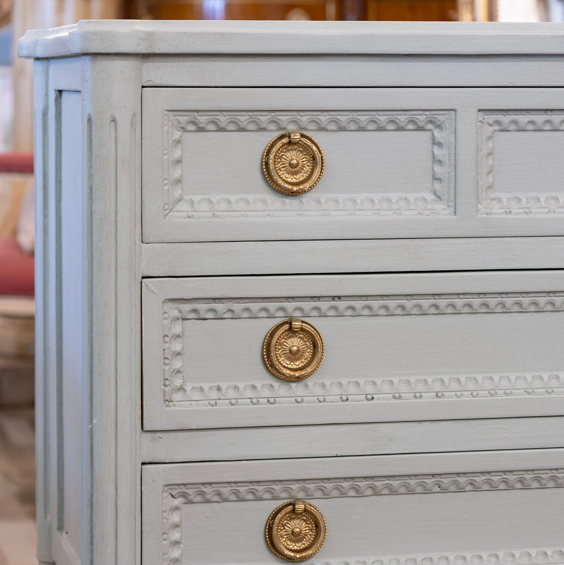 Swedish 3-Drawer Nightstand – Beaded Trim & Rounded Corners in Soft Gr ...