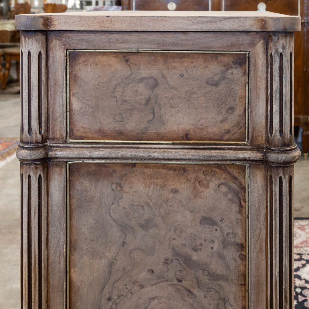 Louis XVI 3-Drawer Nightstand – Stripped Burl Wood with Gold Trim