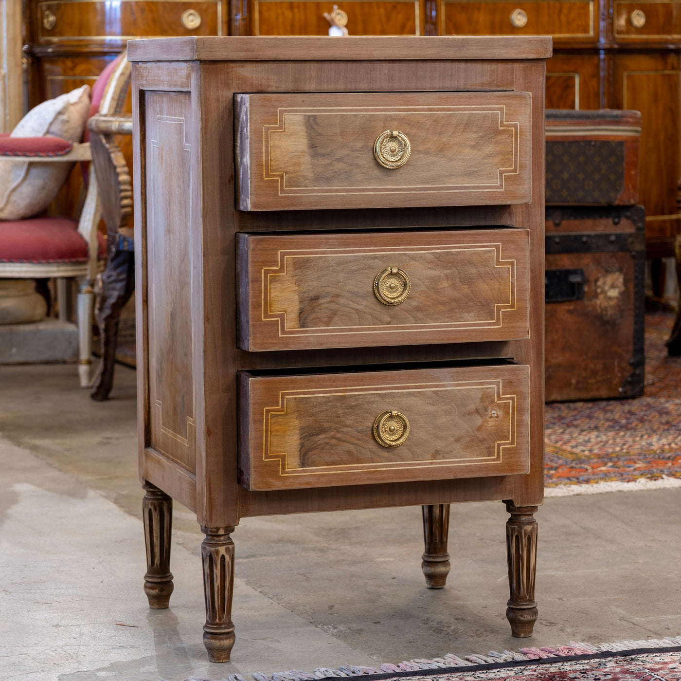 Louis XVI 3-Drawer Nightstand – Stripped Burl Wood Finish