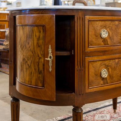 Louis XVI Demilune Chest – Burl Wood with White Marble Top