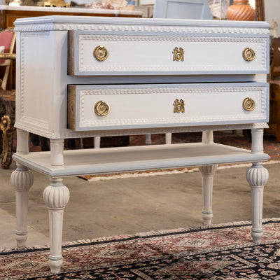 Swedish 2-Drawer Chest with Shelf– White with Blue Trim