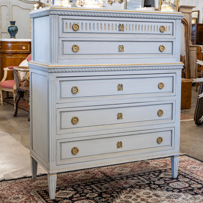 Swedish Tall Chest – Blue with Gold Trim and Brass Hardware