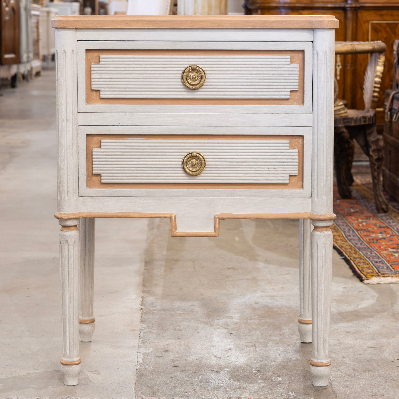 Swedish 2-Drawer Nightstand – Reeded Carved Block With Peach Trim
