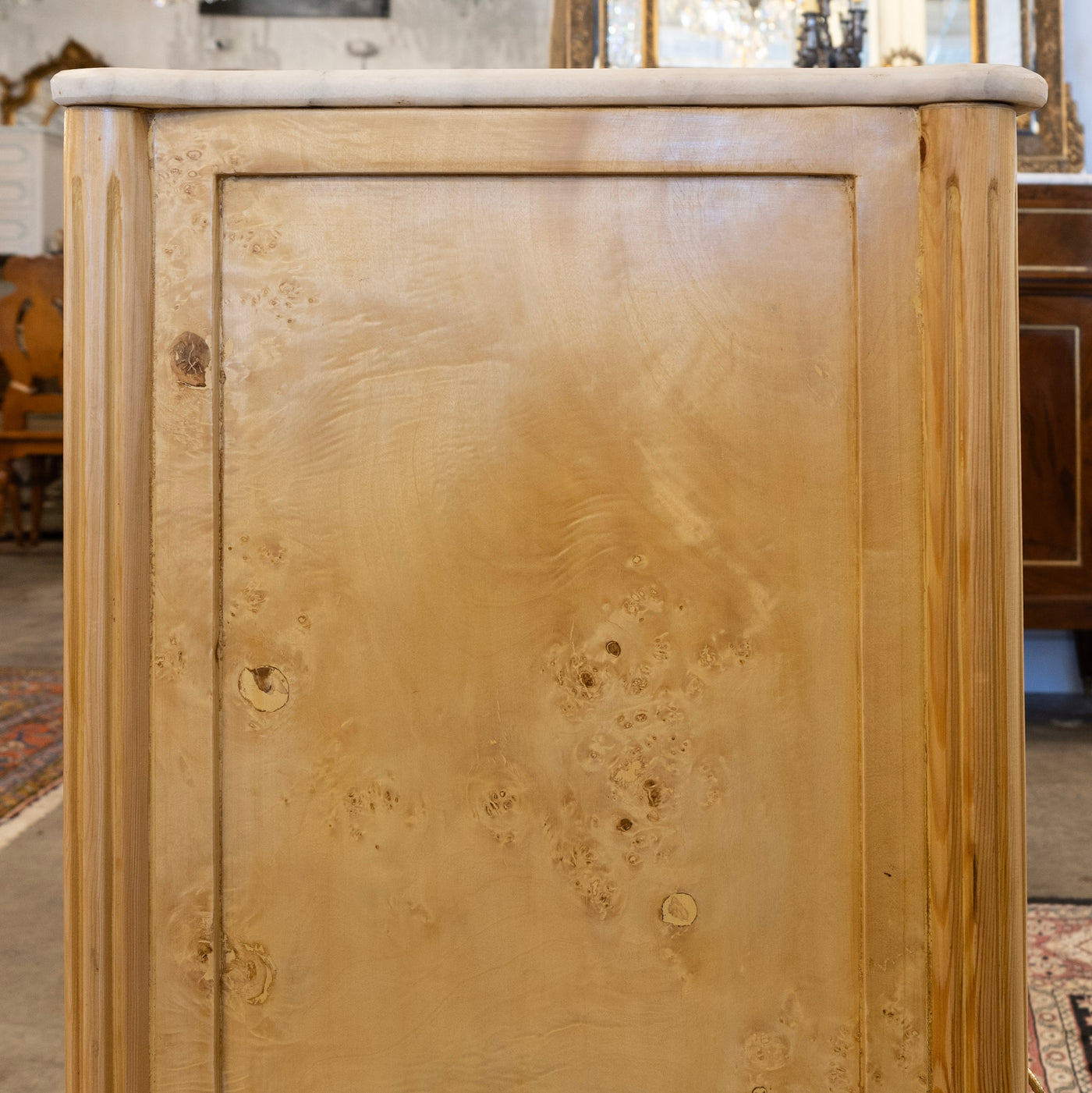 Louis XVI Burl Chest – Light Stripped Wood & White Marble Top