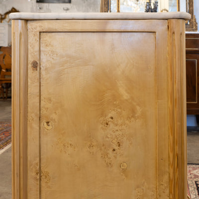 Louis XVI Burl Chest – Light Stripped Wood & White Marble Top