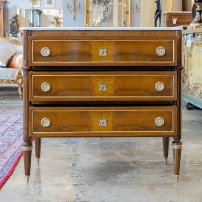 Louis XVI Burl Wood Nightstand – Gold Inlay & White Marble Top
