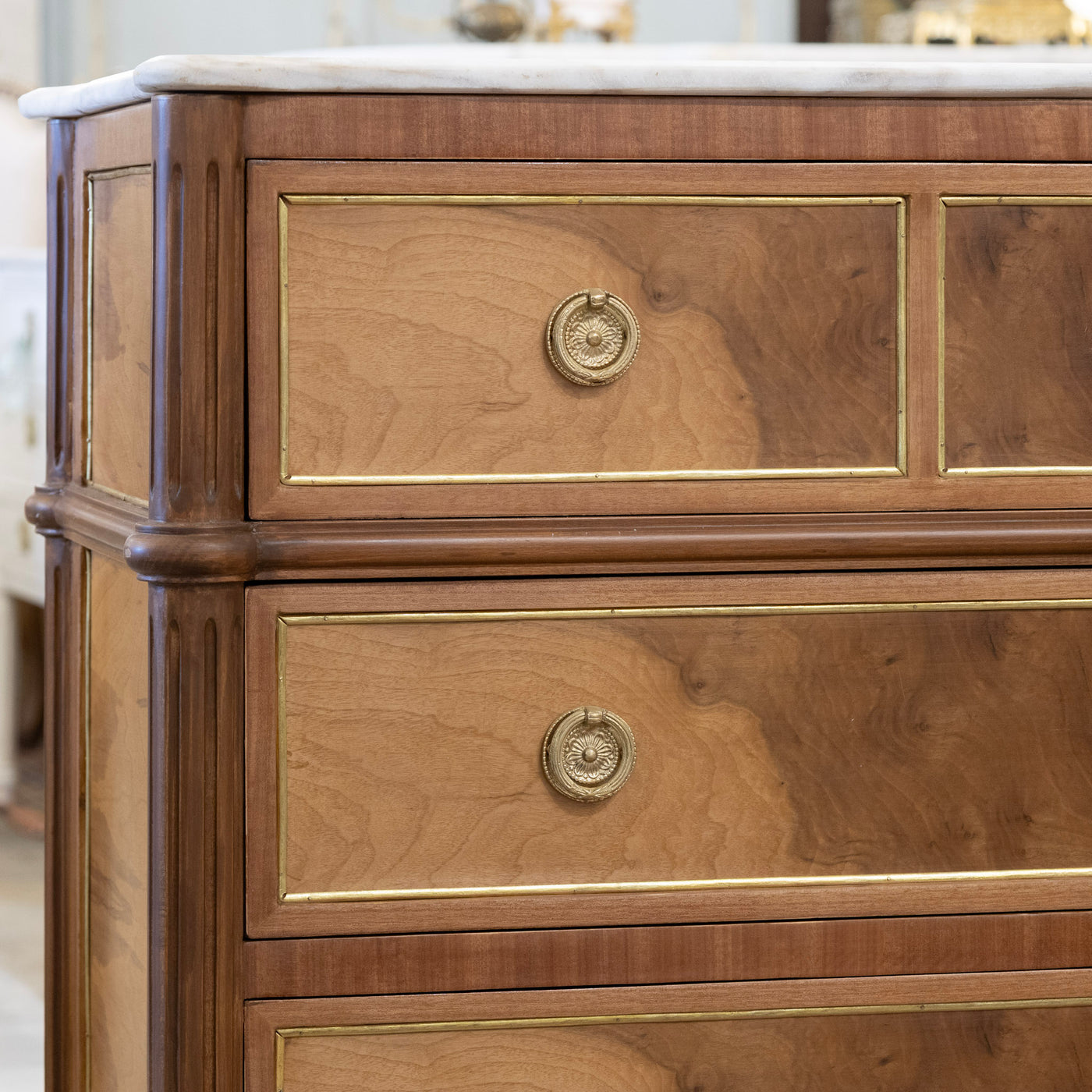 Louis XVI Light Burl Wood 3-Drawer Chest – White Marble Top