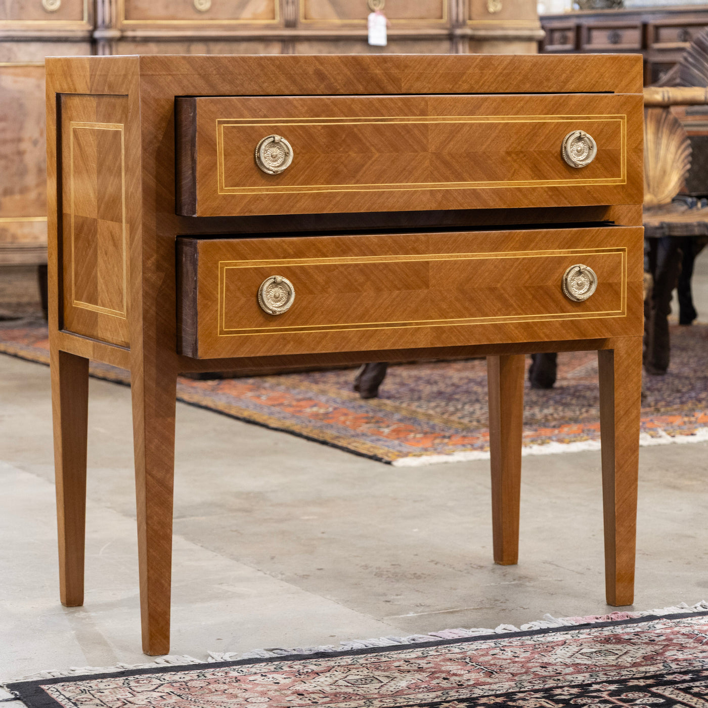 Art Deco Burl Wood 2-Drawer Chest – Inlaid Panels & Brass Pulls