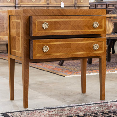 Art Deco Burl Wood 2-Drawer Chest – Inlaid Panels & Brass Pulls