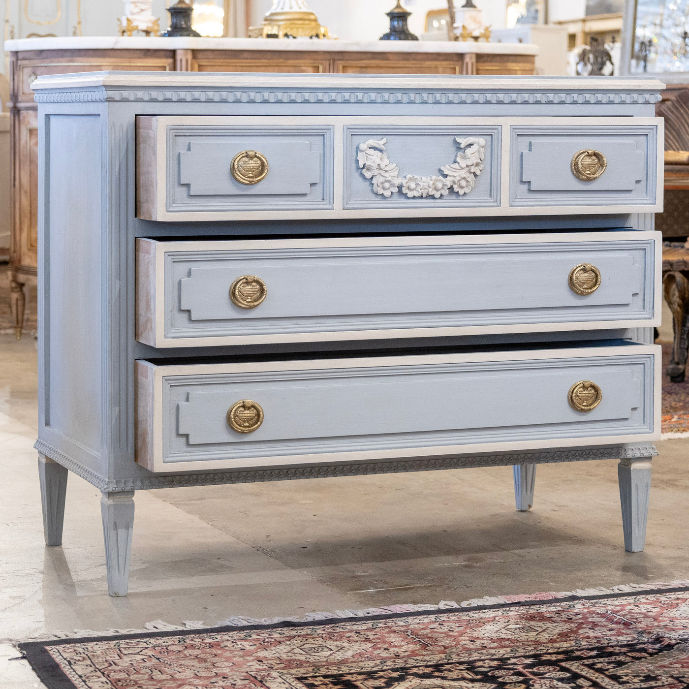 Swedish 3-Drawer Chest in French Blue – Carved Floral Detailing & White Trim