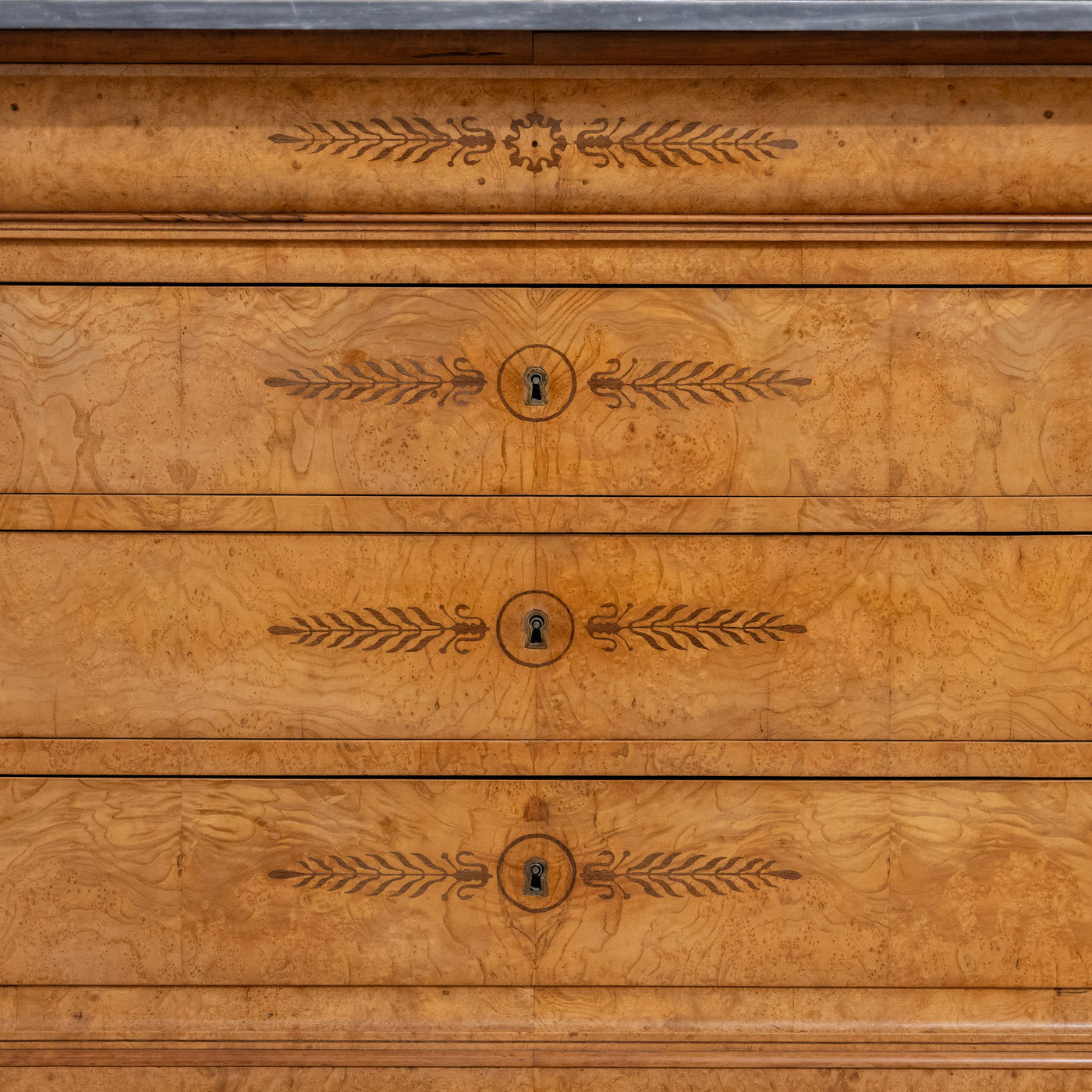 Louis Philippe Burl Wood Chest – Floral Drawer Detail & Black-Grey Marble Top