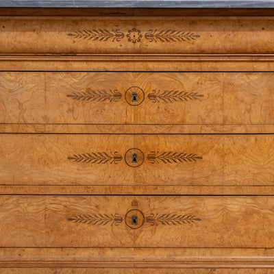 Louis Philippe Burl Wood Chest – Floral Drawer Detail & Black-Grey Marble Top