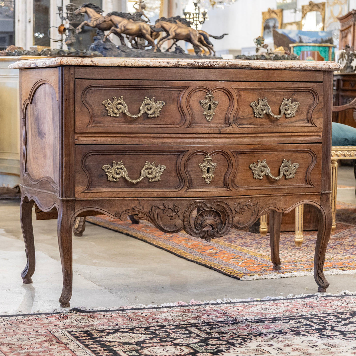 Louis XV 18th Century Walnut Chest – Carved Apron & Breccia Pernice Marble Top