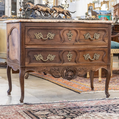 Louis XV 18th Century Walnut Chest – Carved Apron & Breccia Pernice Marble Top
