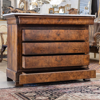 Louis Philippe Burl Wood Chest – White Marble Top & Floral-Lined Drawers
