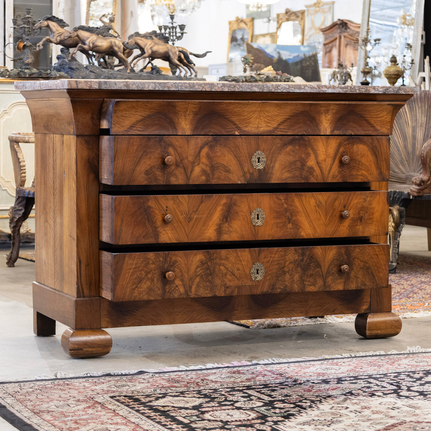 Louis Philippe Burl Wood Chest – Rounded Feet & Breccia Marble Top