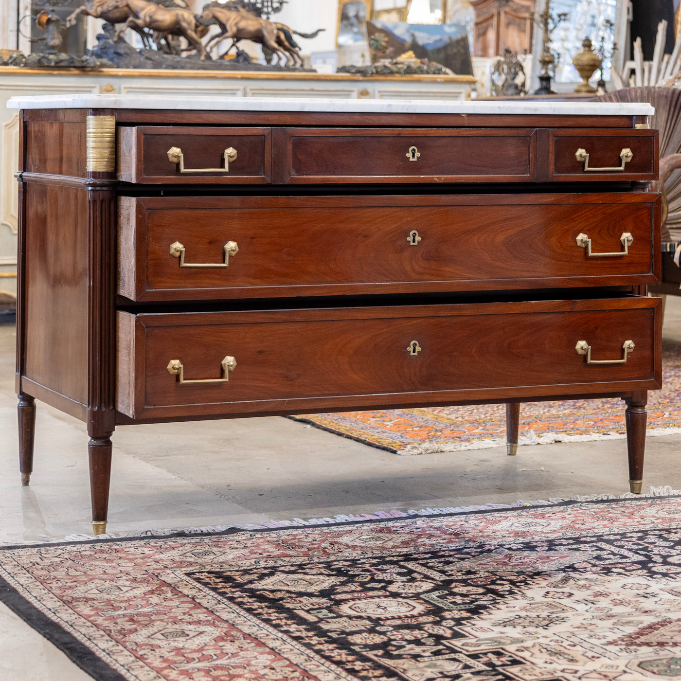 Louis XVI St. Charles 3-Drawer Chest – Burl Wood & White Marble Top