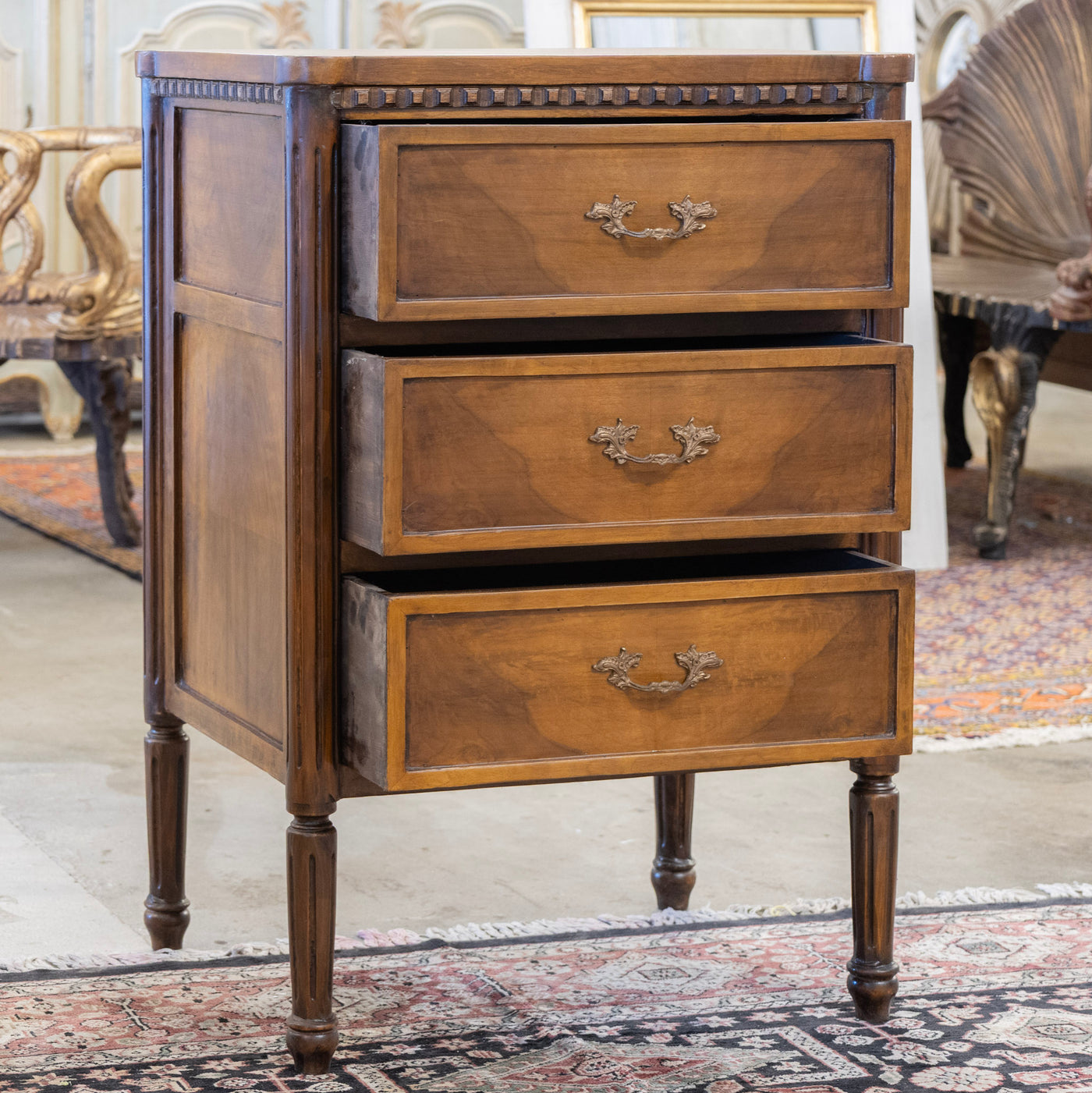 Louis XVI Burl Wood Nightstand – Leaf Brass Pulls