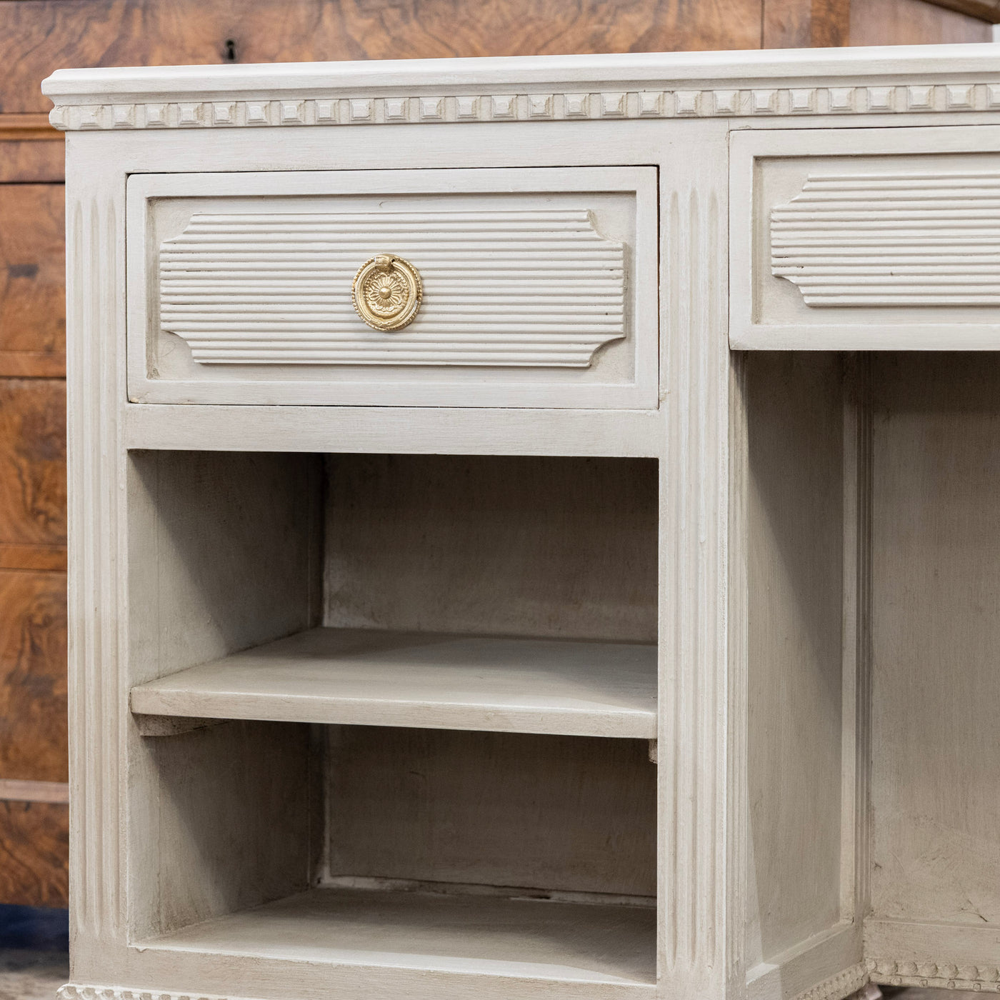 Swedish Painted Vanity – Fluted Drawers & Open Shelf in French Grey