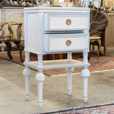 Petite Swedish Nightstand with Shelf – White with Blue Beaded Trim