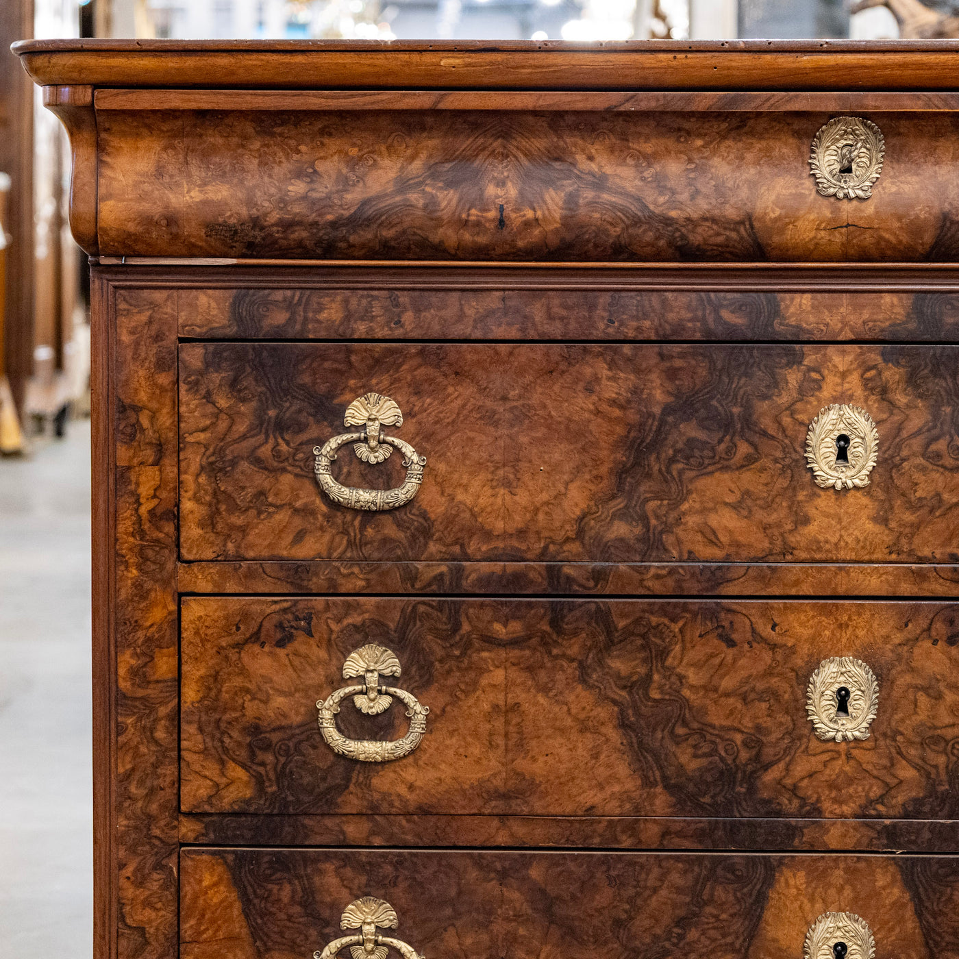 Louis Philippe Marbled Burl Wood Chest – Ornate Pulls