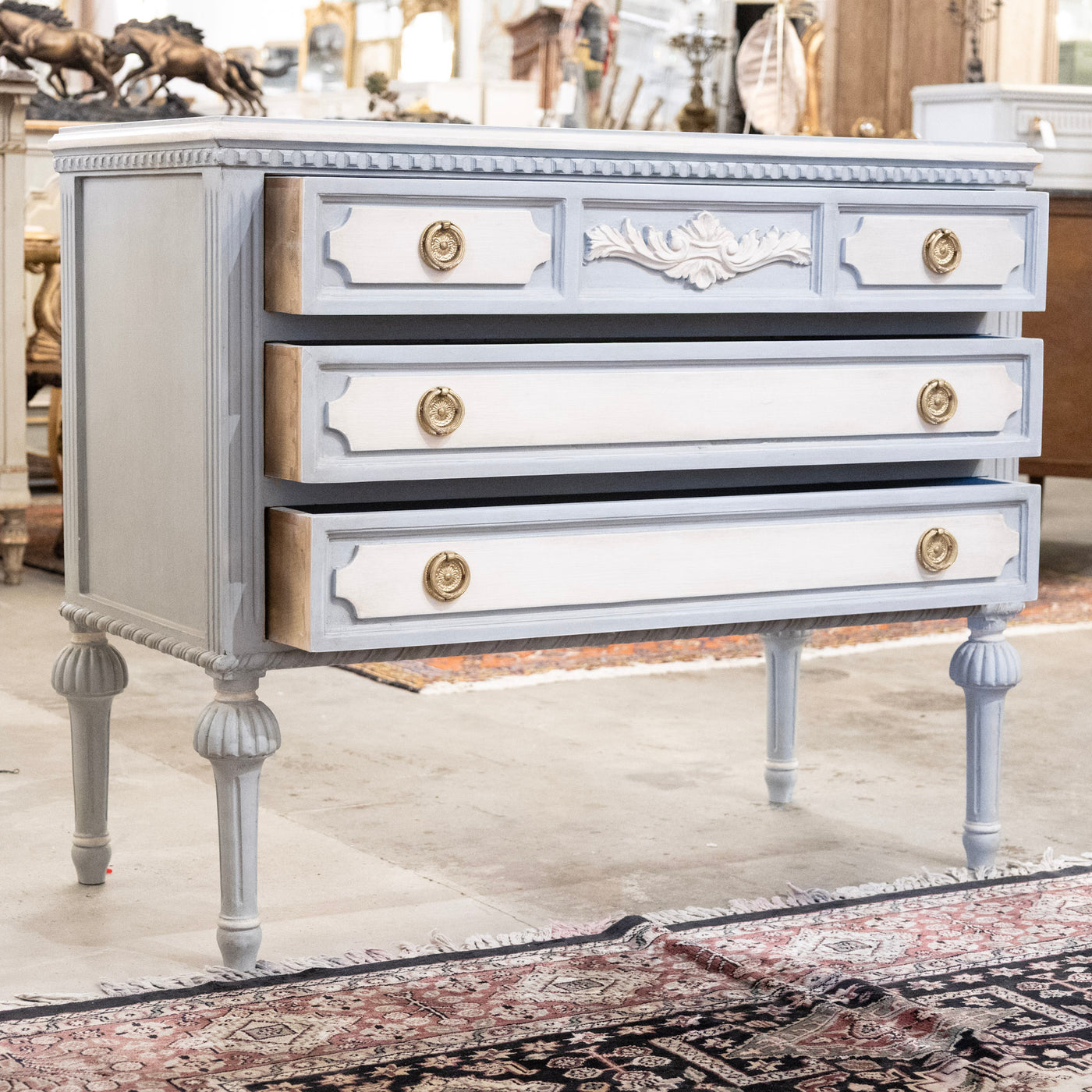 Swedish 3-Drawer Chest – Blue & White Finish with Floral Carving