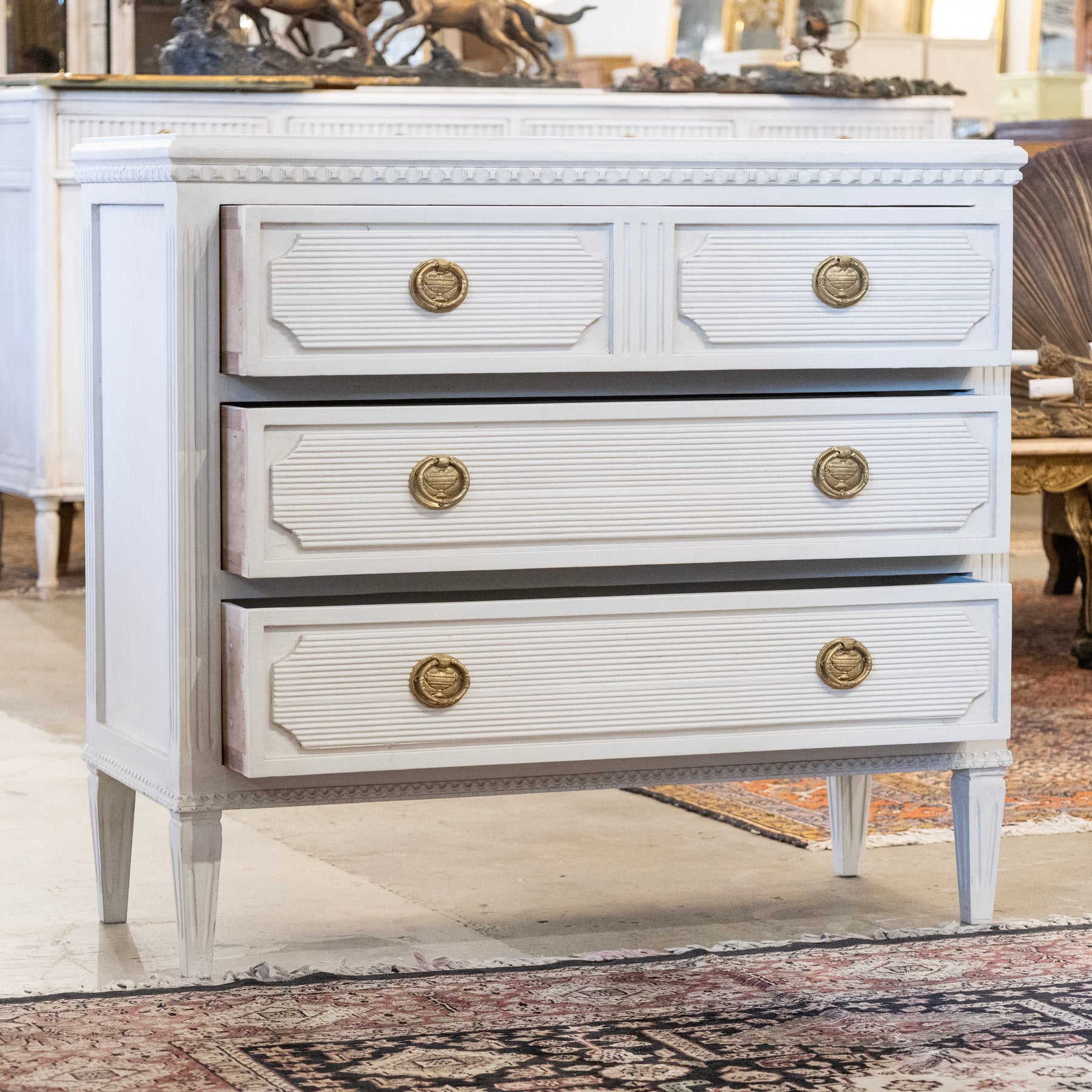Swedish 3-Drawer Chest – Reeded & Fluted Trim in Dove White – Le Chateau