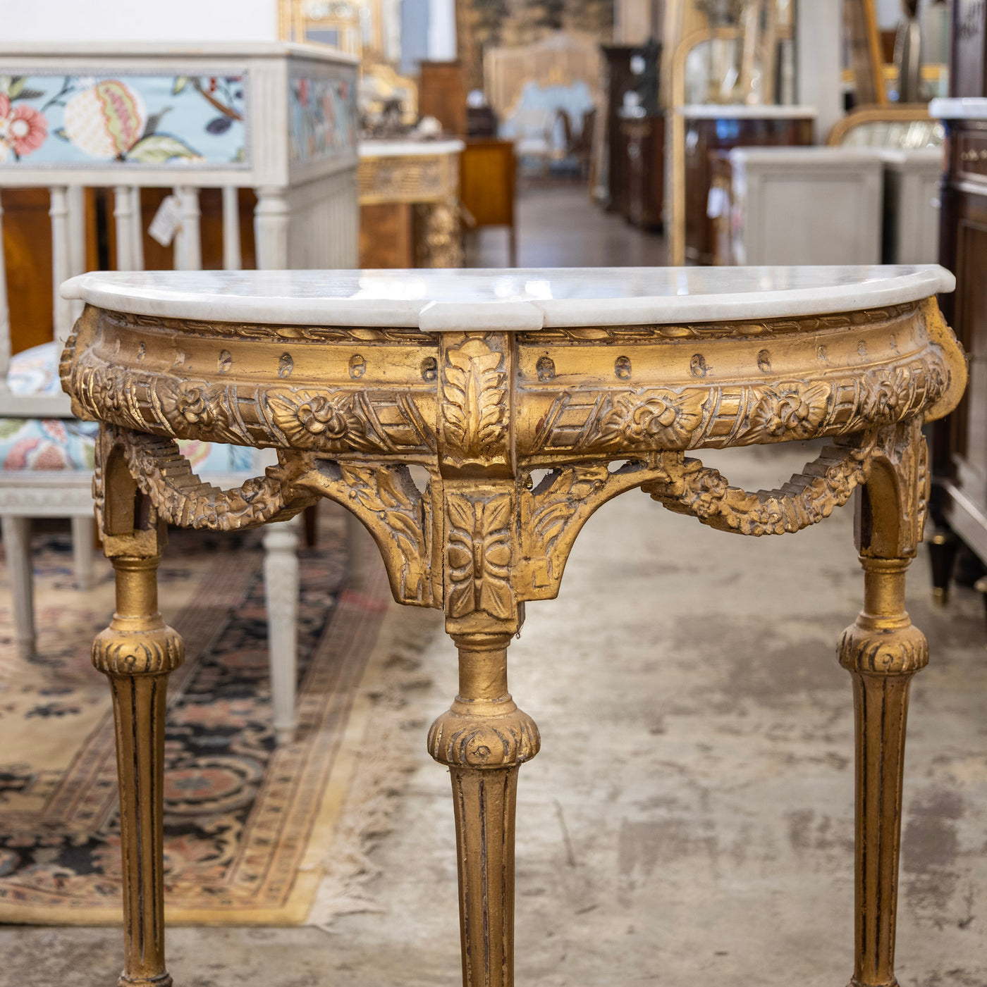 Louis XVI Petite Gilded Demilune Console – Carved Detailing & White Marble Top