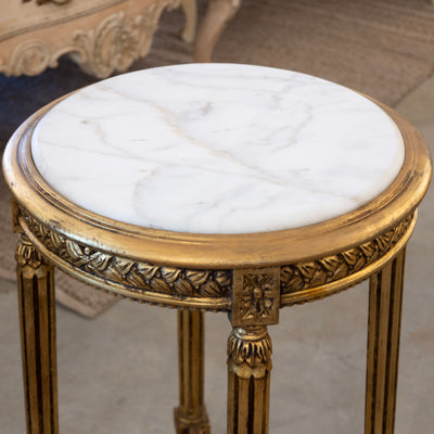 Louis XVI Side Table – Carved Trim & White Marble Top