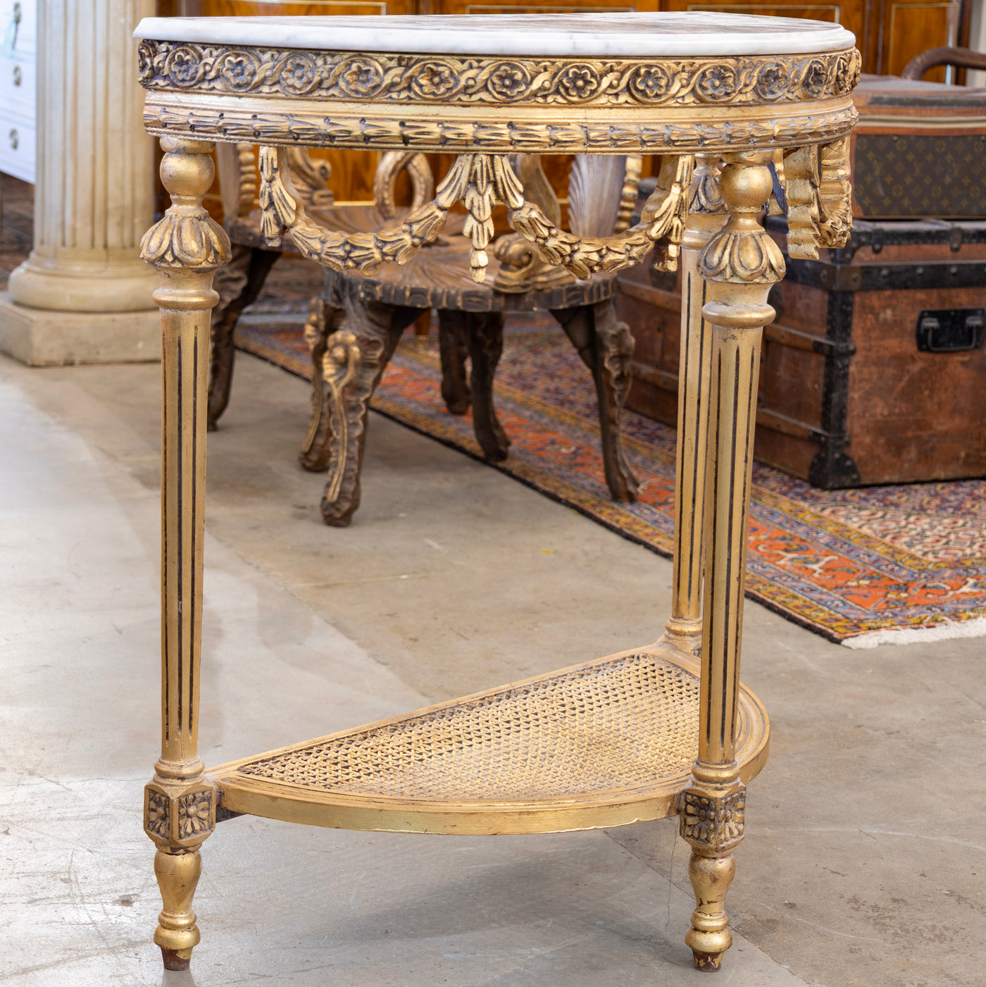 Louis XVI Demilune Console – Carved Detailing & White Marble Top