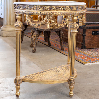Louis XVI Demilune Console – Carved Detailing & White Marble Top