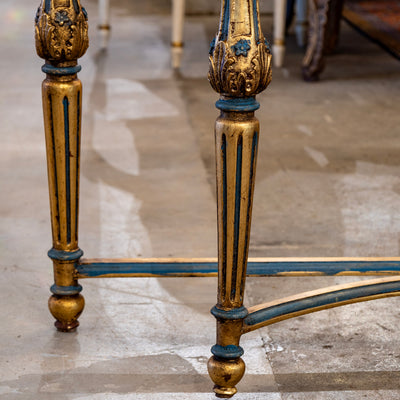 Louis XV Demilune Gilded Console Table – Blue Trim & White Marble Top