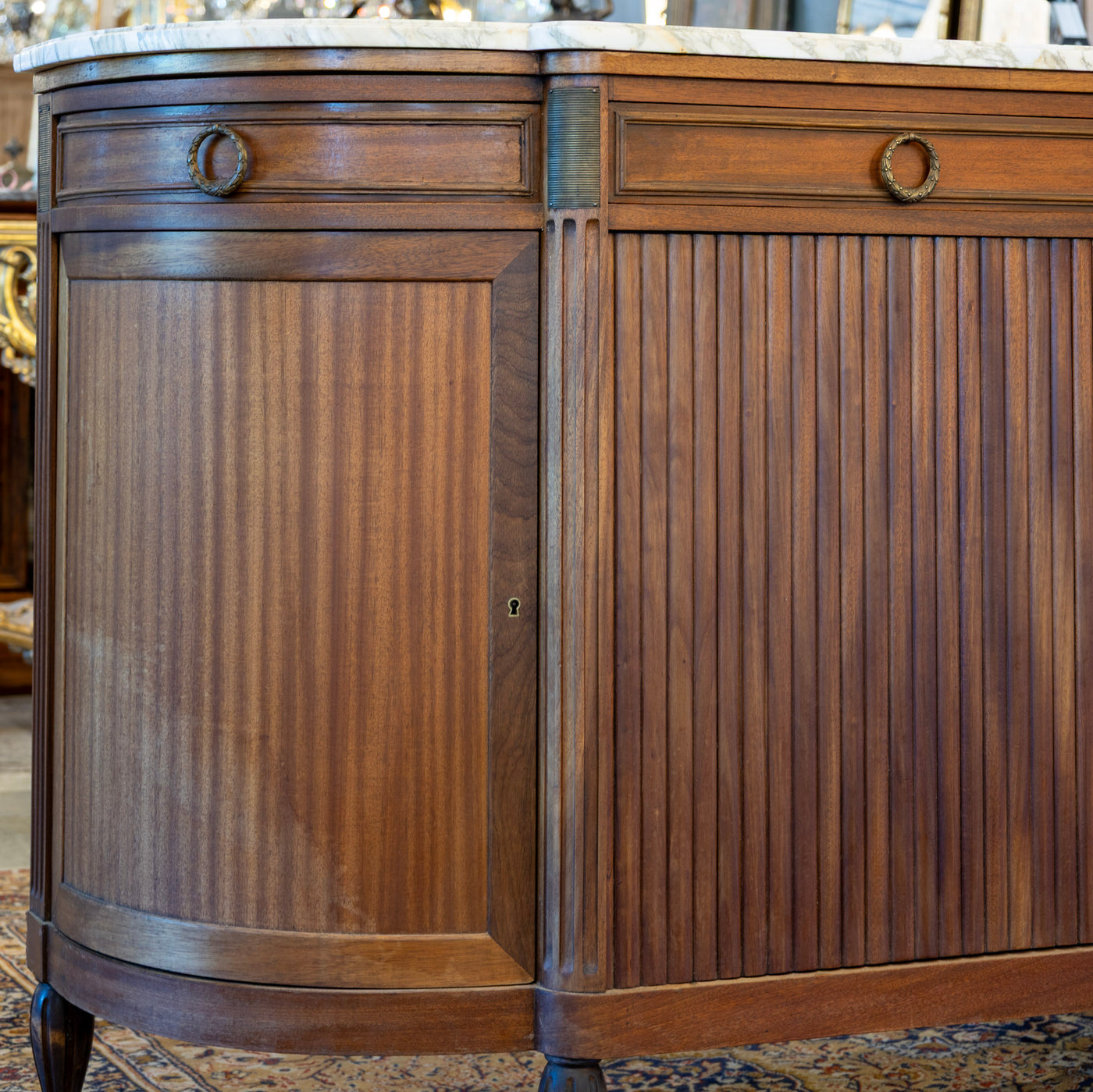 Louis XVI Demilune Sideboard – Reeded Front & White Marble Top with Sliding Side Doors