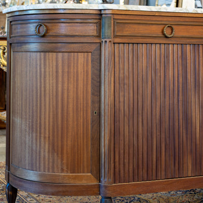 Louis XVI Demilune Sideboard – Reeded Front & White Marble Top with Sliding Side Doors