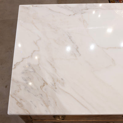 Louis XVI 3-Drawer Nightstand – Burl Wood with White Marble Top