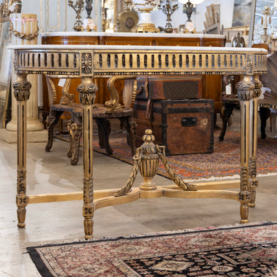 Louis XVI Gilded Demilune Console Table – Detailed Carvings & White Marble Top